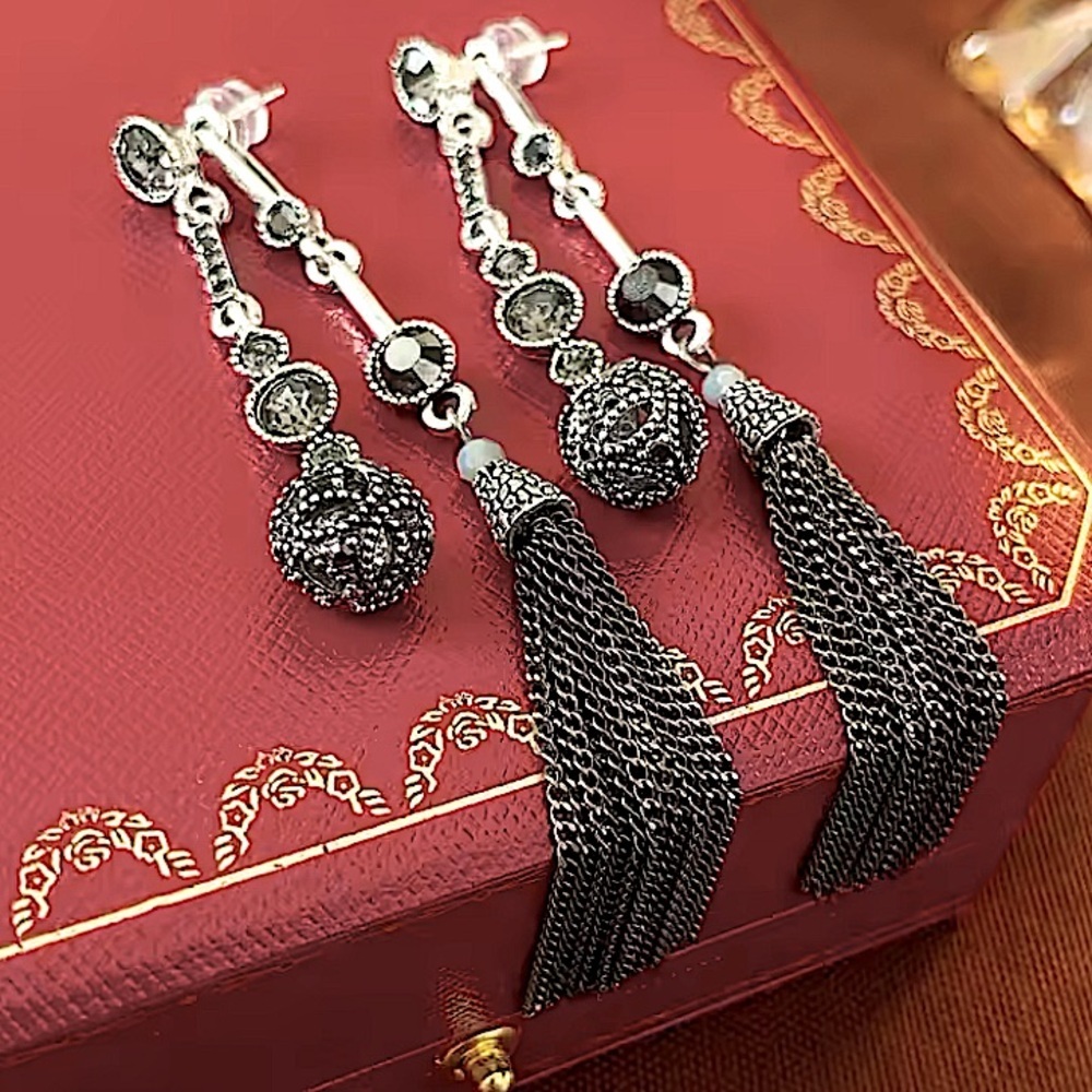 COPY - Antique Silver Rhinestone Earring Round Ball Long Fringe Tassel Earrings…